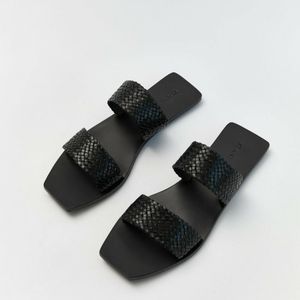 St Agni Black Clea Woven Leather Slides Size 37